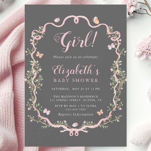 Invitation Baby shower Floral Fille Gris et Rose