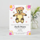 Invitation Baby shower Floral Fille Ours Teddy (Debout devant)