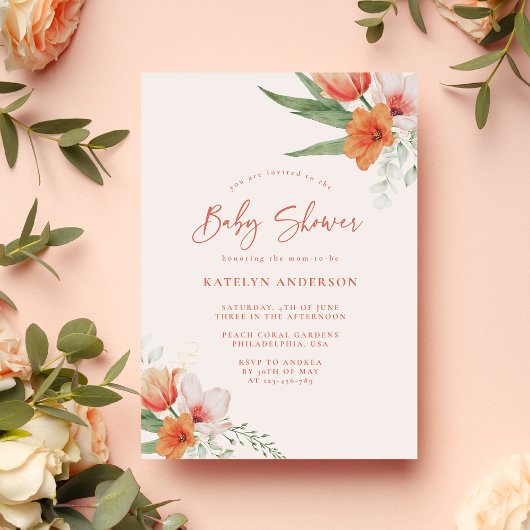 Invitation Baby shower Floral Fille Peach Spring Watercolor