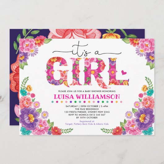 Invitation Baby shower Floral Fille Rose Hot Mexicaine (Devant / Derrière)