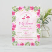 Invitation Baby Shower Floral Flamant Rose Or Tropical Pink (Debout devant)