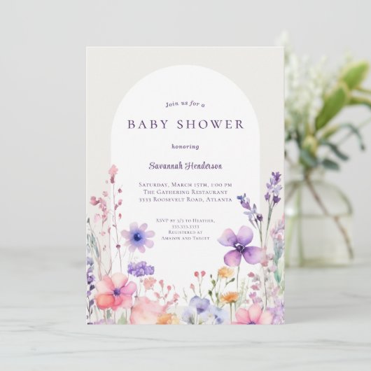 Invitation Baby shower Floral Fleur sauvage aquarelle (Debout devant)