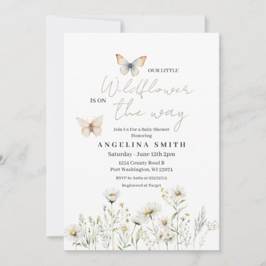 Invitation Baby shower Floral Fleur sauvage blanc (Devant)