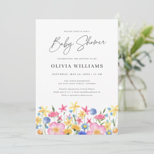 Invitation Baby shower Floral Fleur sauvage couleur doux (Debout devant)