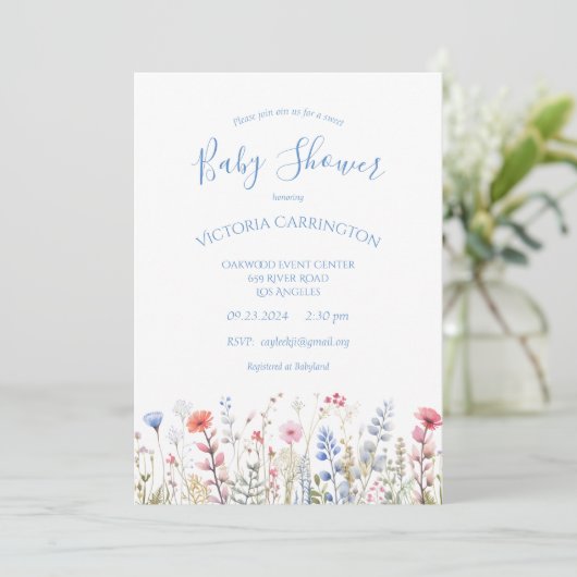Invitation Baby shower Floral fleur sauvage d'aquarelle bleue (Debout devant)