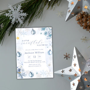 Invitation Baby shower Floral Flocon de Neige Bleu Pastel Hiv