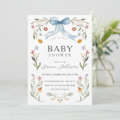 Invitation Baby shower Floral Frame Blue Bow (Debout devant)