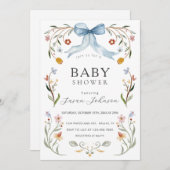 Invitation Baby shower Floral Frame Blue Bow (Devant / Derrière)