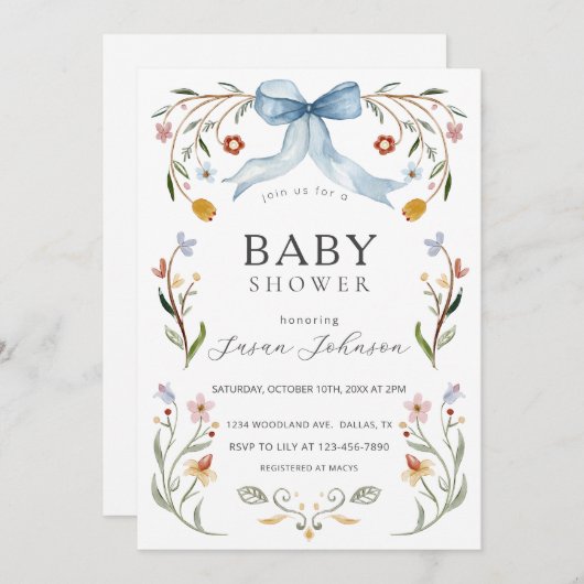 Invitation Baby shower Floral Frame Blue Bow (Devant / Derrière)