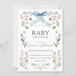 Invitation Baby shower Floral Frame Blue Bow