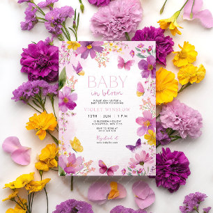 Invitation Baby shower floral Fuchsia brillant bébé en fleur
