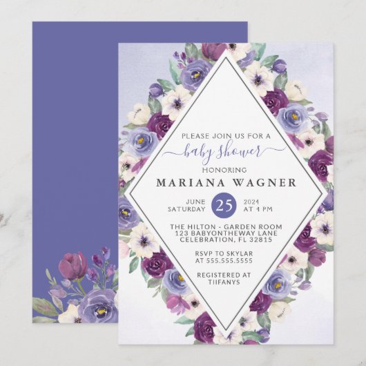 Invitation Baby shower Floral Fuchsia pourpre (Devant / Derrière)