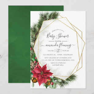 Invitation Baby Shower Floral Géométrique de Noël à l'aquarel