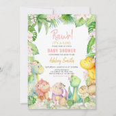 Invitation Baby shower Floral Girl Dinosaur (Devant)