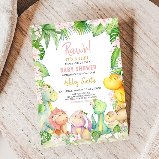 Invitation Baby shower Floral Girl Dinosaur