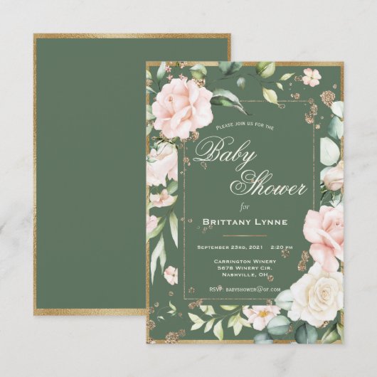 Invitation Baby shower Floral Gold Watercolor (Devant / Derrière)