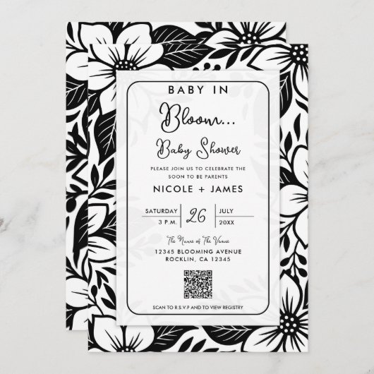 Invitation Baby shower Floral Gras Noir & Blanc (Devant / Derrière)