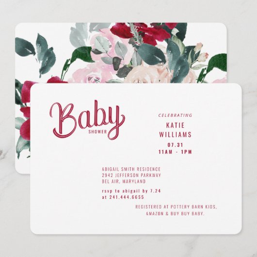 Invitation Baby shower floral gras rouge et rose (Devant / Derrière)