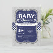 Invitation Baby shower floral gris bleu marine (Debout devant)
