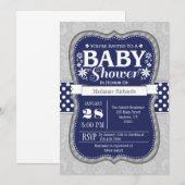 Invitation Baby shower floral gris bleu marine (Devant / Derrière)