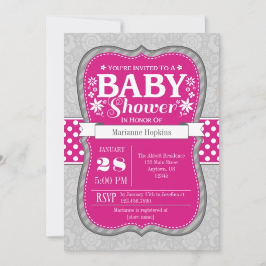 Invitation Baby shower Floral Gris Chaud (Devant)