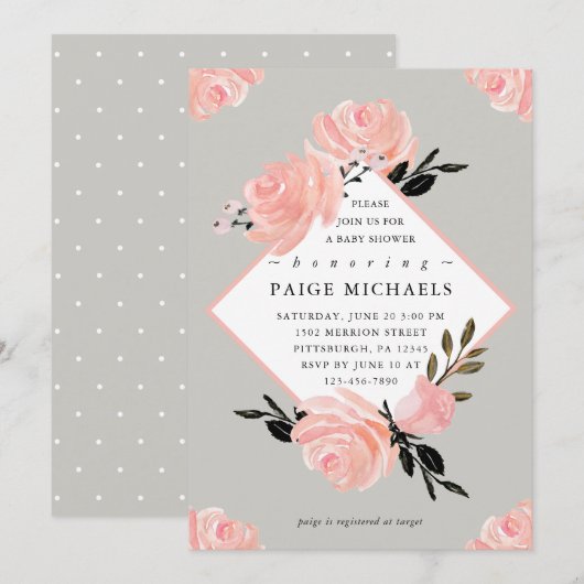 Invitation Baby shower floral gris doux et flou (Devant / Derrière)