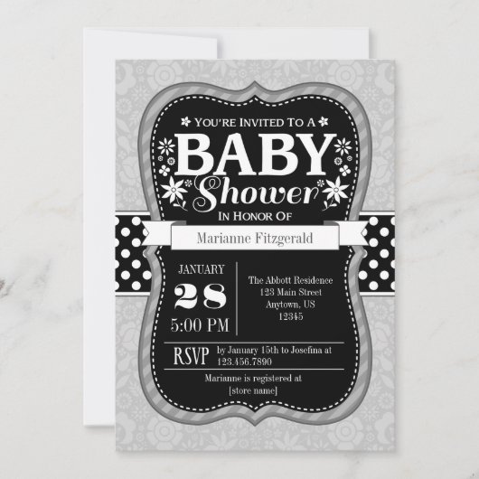 Invitation Baby shower floral gris noir (Devant)