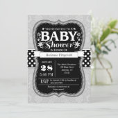Invitation Baby shower floral gris noir (Debout devant)