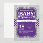 Invitation Baby shower Floral Gris Violet (Devant / Derrière)