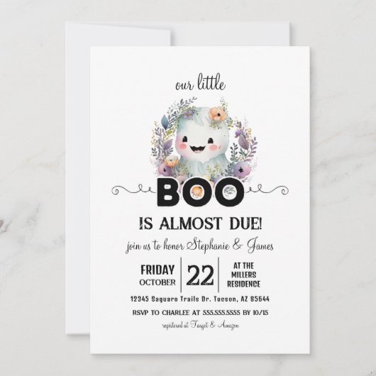 Invitation Baby shower Floral Halloween Little Boo (Devant)