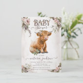 Invitation Baby shower Floral Highland Cow (Debout devant)
