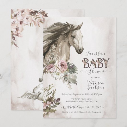 Invitation Baby shower Floral Horse Ranch (Devant / Derrière)