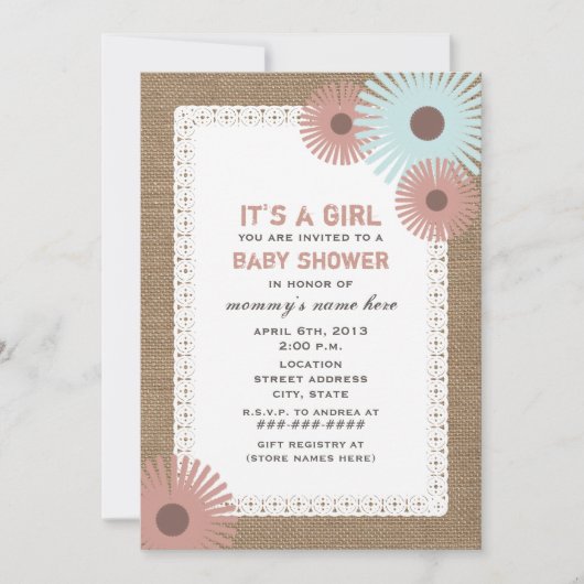 Invitation Baby shower floral inspiré par Burlap & (Devant)