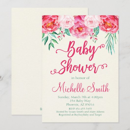 Invitation Baby shower floral, Invitation Baby sho (Devant / Derrière)