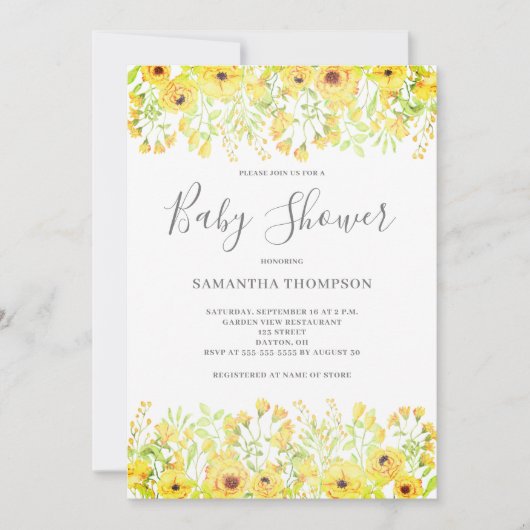 Invitation Baby shower floral jaune (Devant)