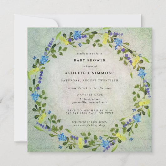 Invitation Baby shower floral jaune et bleu rustique (Devant)