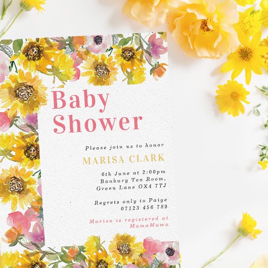 Invitation Baby shower Floral Jaune et Rose