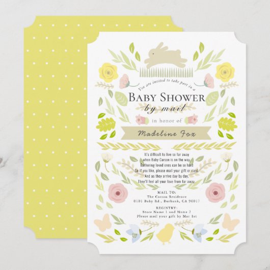 Invitation Baby shower floral lapin jaune fille par courrier (Devant / Derrière)