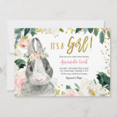 Invitation Baby shower floral lapin rose et or (Devant)