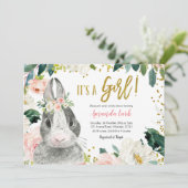 Invitation Baby shower floral lapin rose et or (Debout devant)