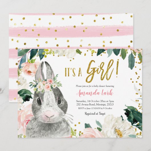 Invitation Baby shower floral lapin rose et or (Devant / Derrière)