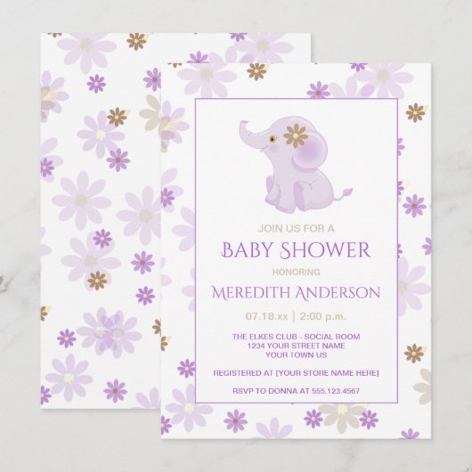 Invitation Baby shower floral Lavender Baby Elephant | (Devant / Derrière)