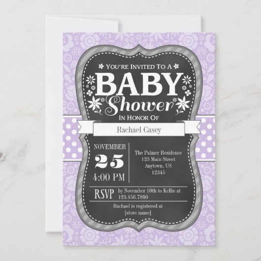Invitation Baby shower floral Lavender Chalkboard (Devant)