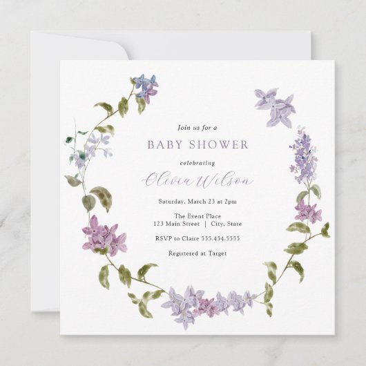 Invitation Baby shower floral Lilac Watercolor (Devant)