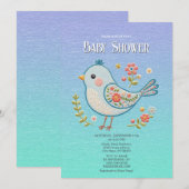 Invitation Baby shower Floral Little Blue Bird (Devant / Derrière)