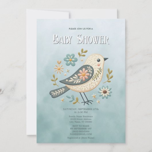 Invitation Baby shower Floral Little Green Bird (Devant)
