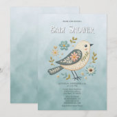 Invitation Baby shower Floral Little Green Bird (Devant / Derrière)