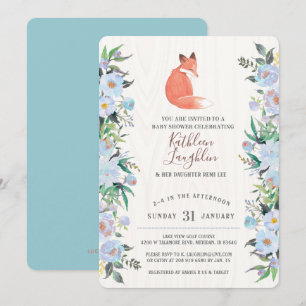 Invitation Baby shower Floral Little Red Fox Blue