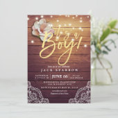 Invitation Baby shower Floral Lumières à cordes en bois rusti (Debout devant)