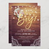 Invitation Baby shower Floral Lumières à cordes en bois rusti (Devant / Derrière)